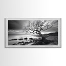 Coastal Tree, Tidal Shore, Windswept Beauty, Natural Balance, Framed Canvas Print, Bedroom Wall Art, Boho Decor, Serene Seascape