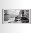 Stone Stairway, Ocean Cliff, Coastal Architecture, Mediterranean Charm, Framed Canvas Print, Rustic Wall Art, Entryway Travel Decor