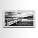 Marsh Dock Scene, Tranquil Water Landscape, Rustic Pier Canvas Print, Black and White Nature, Entryway Art, Coastal Country Home Decor