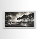 Tree Silhouettes, Coastal Pines Sunset, Nature Path Scene, Framed Canvas Print, Autumn Living Room or Rustic Cabin Wall Decor