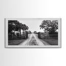 Rustic Gate Trail, Southern Country Road, Tree-Lined Entry, Framed Canvas Print, Farmhouse Style, Entryway or Office Wall Art
