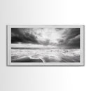 Stormy Sea, Ocean Waves, Monochrome Seascape, Dramatic Beach View, Framed Canvas Print, Nautical Wall Art, Bathroom Coastal Decor