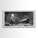 Snowy Cabin, Winter Night, Starry Sky, Cozy Mountain Scene, Framed Canvas Print, rustic lodge decor, Christmas art, bedroom wall print