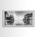 Sea Stacks, Calm Waters, Coastal Trees, Tranquil Morning, Framed Canvas Print, coastal wall art, nature inspired, entryway decor