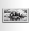 Lake Island, Pine Trees, Nature Panorama, Black and White Wilderness, Framed Canvas Print, Office Wall Art, Outdoor Inspired Decor