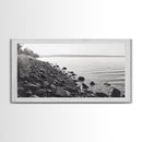 Shoreline Rocks, Quiet Water, Still Landscape, Coastal Photography, Canvas Print, Minimalist Office Art, Calm Nature Scene