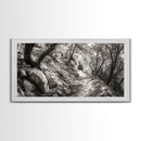 Woodland Trail, Autumn Path, Tree Tunnel, Rustic Outdoor Vibe, Framed Canvas Print, Entryway Nature Art, Moody Forest Decor