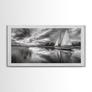 Sailboat Reflection, Tranquil River, Nautical Scene, Black White, Framed Canvas Print, Coastal Decor, Beach House Wall Art, Ocean Minimalism