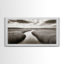 Winding River, Marsh Grass, Nature Path, Sepia Tones, Framed Canvas Print, Country Wall Art, Entryway Decor, Rustic Landscape Aesthetic