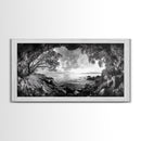 Ocean Cave View, Coastal Tree Framing, Tranquil Sea Scene, Nature Window Art, Framed Canvas Print, Bedroom Wall Art, Zen Decor