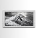 Leaping Dolphin, Ocean Life, Marine Animal, Waves Splashing, Framed Canvas Print, Coastal Kids Room Art, Beach House Decor