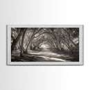 Tree Tunnel Trail, Light Dappled Path, Forest Archway Scene, Framed Canvas Print, Hallway Wall Art, Boho Natural Decor, Living Room Wall Art