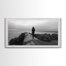 Woman Walking, Jetty View, Seaside Mood, Solitude Moment, Framed Canvas Print, Moody Wall Art, Bedroom Meditation Decor, Boho Decor