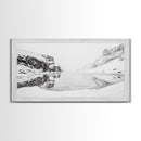 Snowy Cliff Reflection, Winter River Scene, Black and White Nature, Framed Canvas Print, Minimalist Wall Art, Neutral Winter Decor