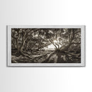 Enchanted Forest Light, Tree Shadows, Nature Landscape, Framed Canvas Print, Rustic Wall Art, Entryway Woodland Decor, Boho Forest Print