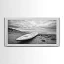 Surfboard, Coastal Shore, Serene Beach, Cloudy Sky, Framed Canvas Print, surfer room decor, rustic beach wall art, neutral home style