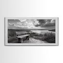 Lakeside Bench, Calm Waters, Sunset View, Canvas Print, Tranquil Nature Photography, Living Room Wall Art, Serene Outdoor Fall Landscape
