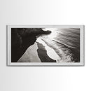 Shoreline Light, Coastal Waves, Cliff Shadow, Beach Edge, Framed Canvas Print, Ocean Minimalist Art, Bathroom Wall Decor