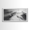 Snowy Peak, Windy Mountain, Winter Landscape, Framed Canvas Print, Black and White Art, Cabin Wall Decor, Moody Alpine Art, Rustic Wall Art