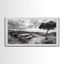 Picnic Table, Ocean Tree, Coastal Path, Windswept Scene, Framed Canvas Print, Rustic Wall Art, Fall Decor, Peaceful Beach Setting