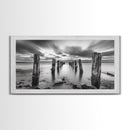 Ocean Pilings, Calm Waters, Cloud Streaks, Sunset Mood, Canvas Print, Minimalist Seascape, Bedroom Wall Art, Serene Beach Decor
