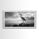 Heron Bird, Ocean Rock, Serene Wildlife, Canvas Print, Coastal Wall Art, Modern Farmhouse Decor, Minimalist Animal Scene