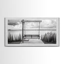 Rustic Lake Swing, Tranquil Nature Scene, Porch Art, Landscape Photography, Framed Canvas Print, Country Decor, Living Room Wall Art