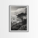 Tree On Cliffs, Foggy Coastline, Monochrome Coastal View, Moody Nature Scene, Framed Canvas Print, Bedroom Wall Art, Earthy Minimalist Decor