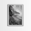 Foggy Coast, Moody Shore, Tranquil Pebbles, Forest Water, Framed Canvas Print, Bathroom Wall Art, Nature Photography Style, Calm Retreat Decor