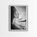 Ocean Wave Curl, Sea Barrel Art, Surf Power Print, Framed Canvas Print, Bathroom Wall Art, Modern Beach Decor, Black White Seascape