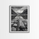 Mountain Lake Log, Alpine Serenity Scene, Tranquil Rock Shore, Canvas Print, Bedroom Wall Art, Nature Retreat, Minimalist Landscape
