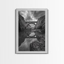Stone Bridge, Reflections, River Archway, Nature Drama, Framed Canvas Print, Landscape Wall Art, Monochrome Photography, Entryway Art