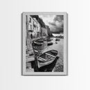Coastal Village, Fishing Boats, Mediterranean Harbor, Seaside Charm, Framed Canvas Print, Nautical Kitchen Wall Art, Fall Decor Accent