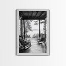 Rustic Porch View, Cabin Serenity, Lakefront Rocking Chairs, Framed Canvas Print, Farmhouse Wall Art, Living Room Decor, Fall Home Style