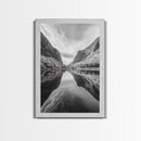 Fjord Reflection, Mountain Valley Calm, Mirror Lake, Canvas Print, Hallway Wall Art, Scandinavian Style Art, Black and White Minimalist