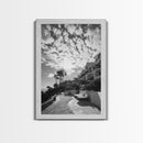 Mediterranean Villa, Palm Tree Art, Coastal Pathway, Framed Canvas Print, Living Room Decor, Summer Wall Art, Black and White Photography