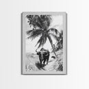 Tropical Bull, Palm Tree, Island Wildlife, Rural Photography, Framed Canvas Print, Kitchen Wall Art, Exotic Boho Decor, farmhouse decor