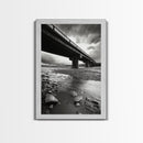 Stormy Bridge, River Rocks, Dramatic Sky, Modern Landscape, Framed Canvas Print, Moody Photography, Office Wall Art, Minimalist Decor