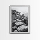 Shore Rocks, Sunlit Ocean, Rugged Texture, Minimal Horizon, Framed Canvas Print, Entryway Wall Art, Beach Decor, Neutral Tones