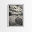 Autumn Hay Bale, Farm Field Scene, Country Landscape, Black and White Canvas Print, Rustic Kitchen or Fall Living Room Wall Art