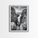 Ocean Cliff Pass, Rugged Coastal Rocks, Nature Power, Monochrome Framed Canvas Print, Moody Bathroom or Masculine Office Art