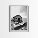 Shore Cabin, Rowboat Rest, Coastal Cabin, Serene Shoreline, Canvas Print, Lake House Wall Art, Rustic Decor, Living Room Seaside Art