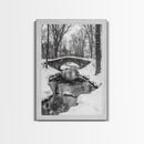Stone Bridge, Winter Stream, Historic Pathway, Framed Canvas Print, Snowy Landscape Art, Traditional Living Room Wall Decor