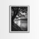 Tranquil Lake Sunset, Tree Silhouette, Calm Waters, Canvas Print, Nature Inspired Wall Art, Relaxing Bedroom Decor, Minimalist Zen