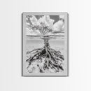 Half Underwater Tree, Split View Nature, Aquatic Roots, Stormy Skies, Framed Canvas Print, Coastal Wall Art, Unique Nature Photography