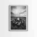 Coastal campfire glow, serene seaside bonfire, sunset flames, sandy warmth, Framed Canvas Print, Fall decor, cozy cabin wall art