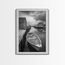 Docked Rowboat Scene, Calm Harbor, Coastal Village, Still Waters, Framed Canvas Print, Seaside Art, Beach House Wall Decor