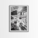 Sea Stacks Seascape, Ocean Art, Moody Coastline Print, Nature Photography, Framed Canvas Print, Living Room Wall Art, Black White Seaside