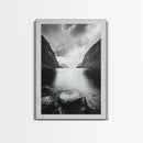 Mountain Lake, Nordic Fjord, Moody Water, Framed Canvas Print, Minimalist Wall Art, Serene Living Room Decor, Monochrome Nature Scene