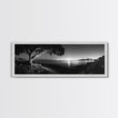 Coastal Night, Tree Silhouette, City Horizon, Framed Canvas Print, Moody Landscape Art, Modern Living Room Wall Decor